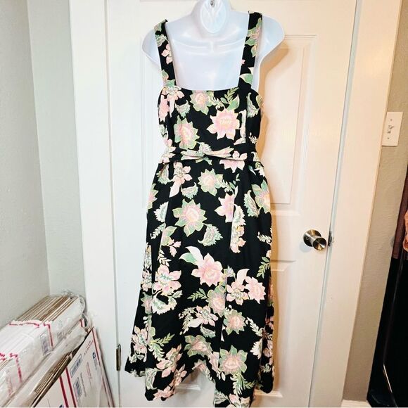 Love for Humanity Black Pink Floral Belted Flare Pinafore Midi Dress Black XXL - Picture 9 of 12